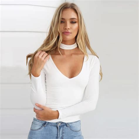 2016 Autumn Winter Solid V Neck Women Tops Sexy Halter Long Sleeve T Shirt Slim Casual Female