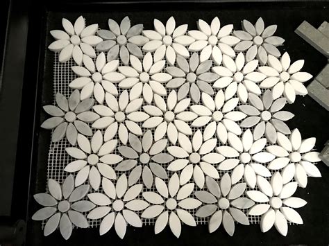Afyon sugar tiles polished & beveled 12″x12″x3/8″. Flower Daisy Mosaic of Polished Marble Tiles Mesh Mount ...