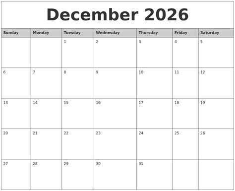 December 2026 Monthly Calendar Printable