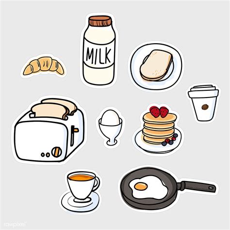 Set Of Breakfast Sticker Doodle Vector Premium Image By