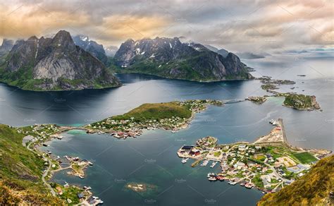 Mountains And Reine In Lofoten Islands Norway Nature Stock Photos