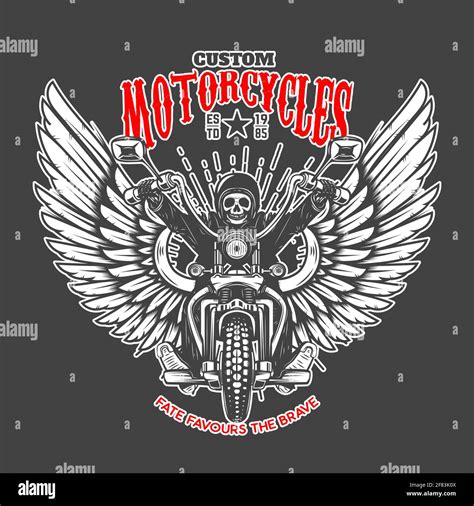 Custom Motorcycles Emblem Template With Skeleton On Winged Motorcycle