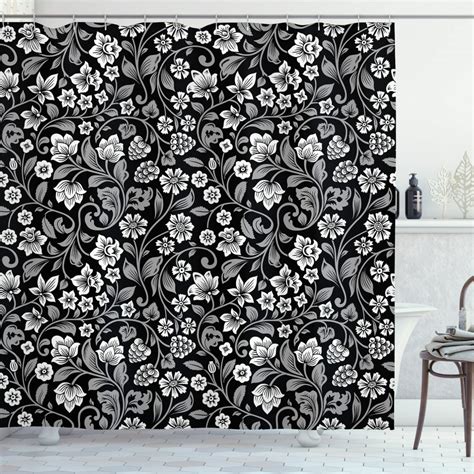 Black And Grey Shower Curtain Continuous Floral Pattern With Berries