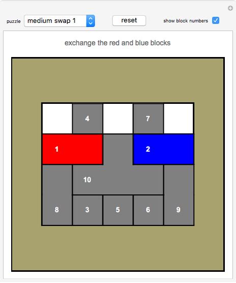 This is a classic sliding block puzzle with 3 easy puzzles. Sliding Block Puzzles - Wolfram Demonstrations Project