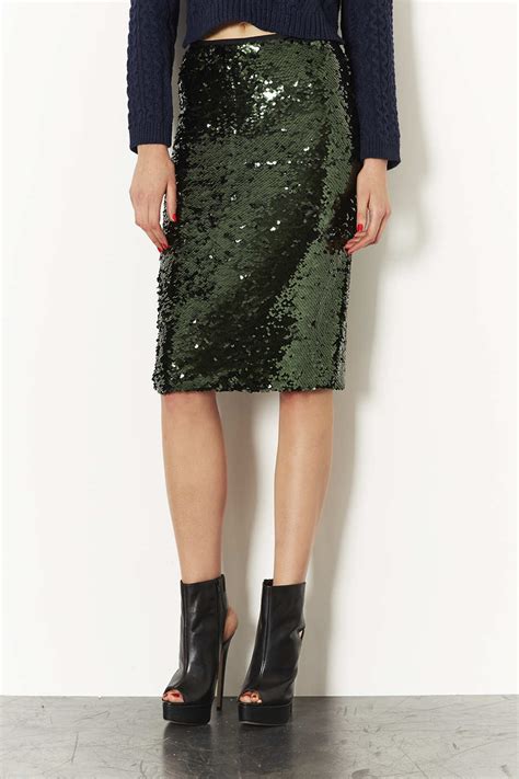Lyst Topshop Sequin Pencil Skirt In Green