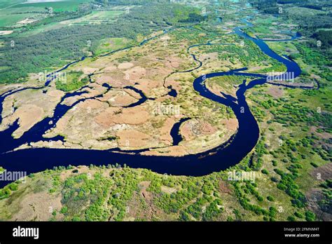 Aerial View Of River Floodplan And Green Forest In Summer Day Bird Eye