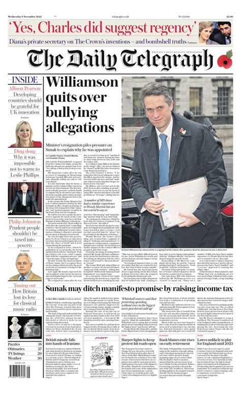 Daily Telegraph Front Page Th Of November Tomorrow S Papers Today