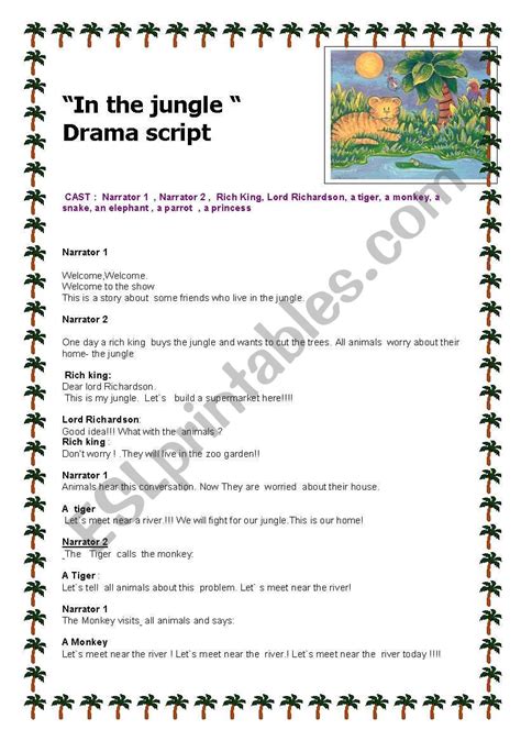 Hi guys, so i've been trying to encourage my mum to watch more kdramas as she has pretty much done most of the chinese, taiwanese, hong kong ones but she finds it difficult to keep up with korean dramas with chinese subs so just wondering if anyone knows of a good website to stream or. English worksheets: In the jungle drama school script