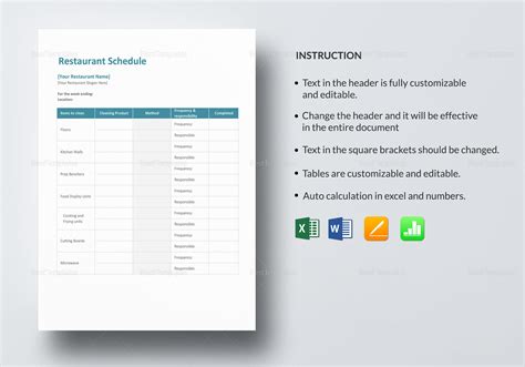 Restaurant Schedule Template In Word Excel Apple Pages Numbers