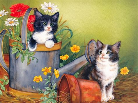 Mischievous Kittens Painting Wallpaper Free Cute Picture