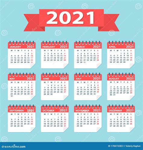 2021 Calendar Leaves Flat Set Vector Illustration Stock Illustration