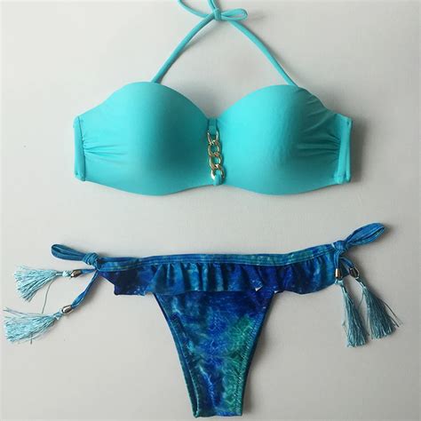 Sexy Thong Bikinis Set Women Blue Tassel Style Swimwear Female Biquini Femme Push Up Metal Chain