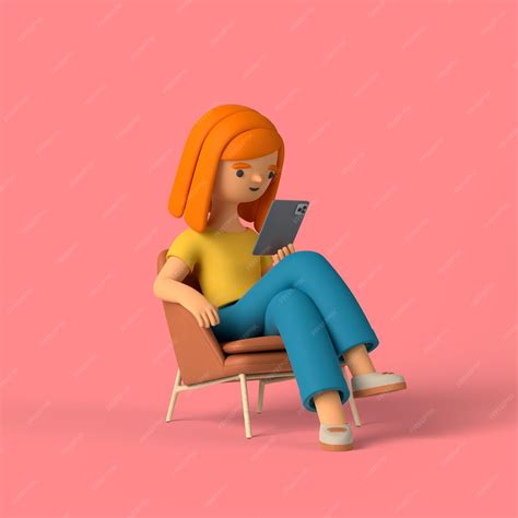 Free Psd 3d Girl Character Checking Her Phone While Sitting