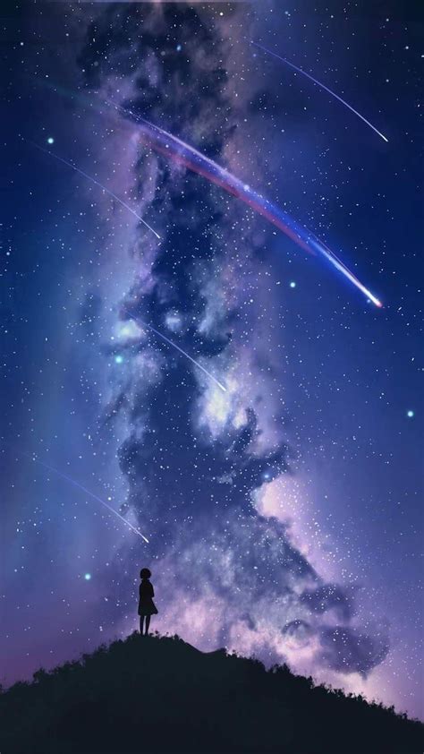 Girl Standing On Top Of A Hill Cartoon Image Shooting Stars On Galaxy