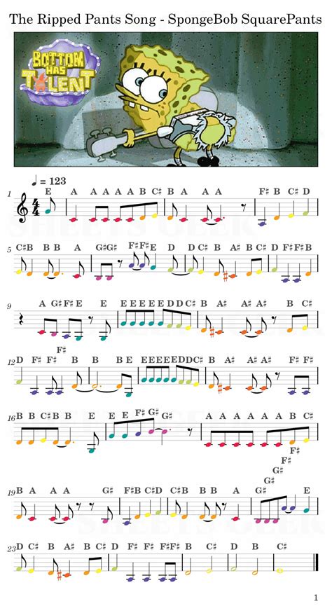 The Ripped Pants Song Spongebob Squarepants Easy Sheet Music
