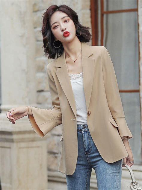 Korean Loose Ladies Blazer Beige Simple Casual Suit Jacket Long Sleeve