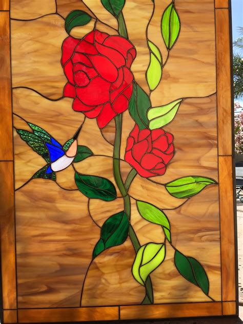 Elegant Hummingbird And Red Roses Leaded Stained Glass Window Panel