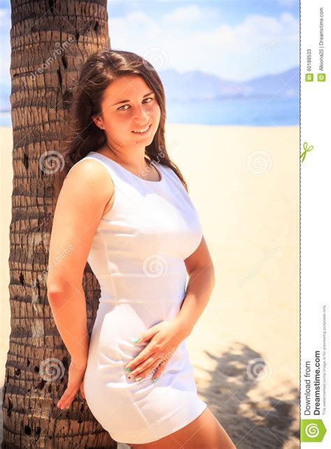 European Brunette Girl With Big Bust In White Frock Stand Barefoot Stock Image Image Of