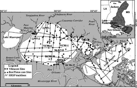 Map Of Lake Pontchartrain Showing Locations Of Sediment Cores And