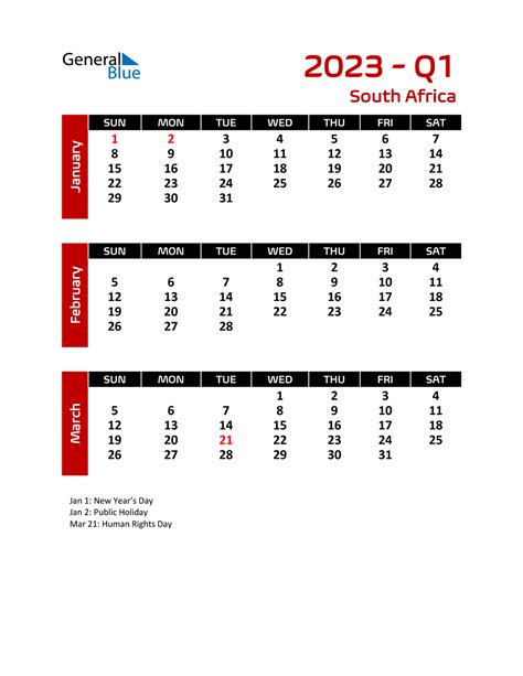 Q1 2023 Quarterly Calendar With South Africa Holidays
