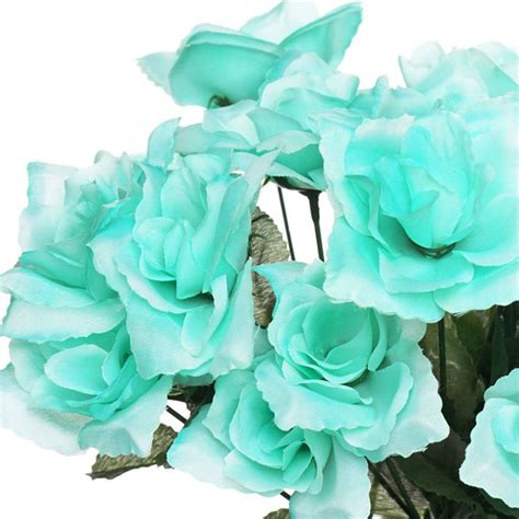 12 Bushes 84 Pcs Aqua Artificial Silk Rose Flowers With Green Leaves