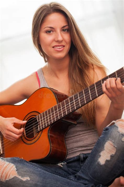 Young Beautiful Woman Playing Guitar Stock Image Image Of Hobby Home