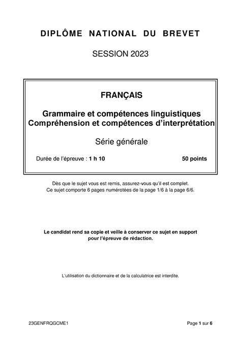 Dipl Me National Du Brevet 2023 Fran Ais Grammaire Et Comp Tences