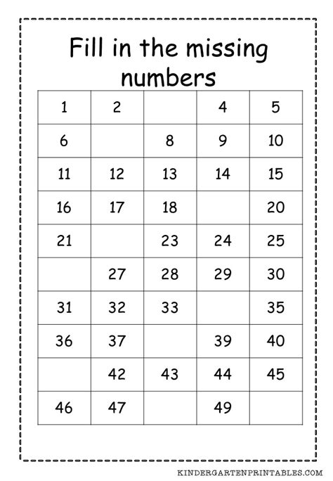 Fill In The Missing Numbers 1-50 Worksheet