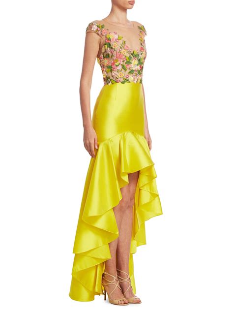 Marchesa Notte Embroidered Hi-Lo Dress - Yellow 2 | Fashion dresses