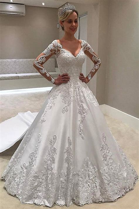 Elegant Long Sleeves Plus Size Ball Gown Satin Wedding Dress For Women Ombreprom