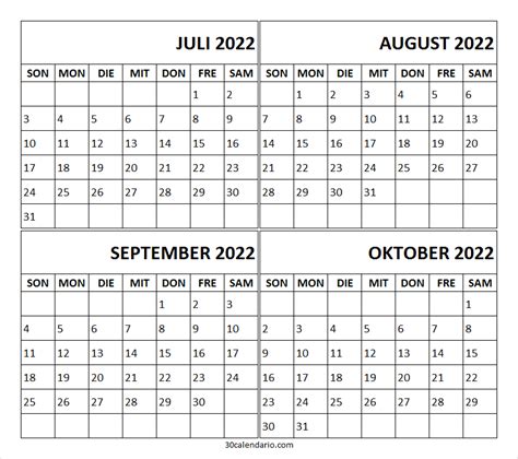 Juli August September Oktober 2022 Kalender Drucken Leerer Kalender