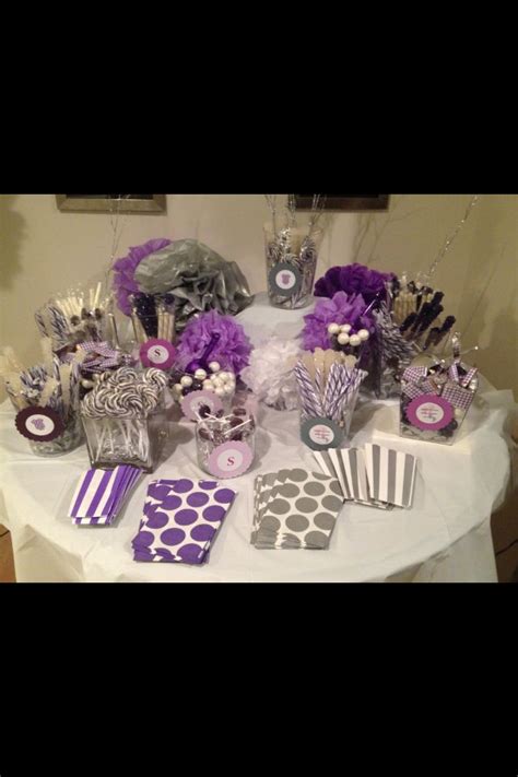 These fabric triangles add festive flair fill your room with dozens of helium balloons in different shades of pink or purple. #Babyshower #candy #candybuffet #party #purple #whitw # ...
