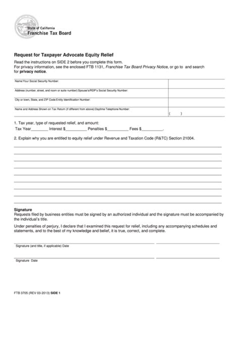 Form Ftb 3705 Request For Taxpayer Advocate Equity Relief Printable