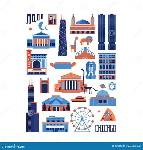 Set Of Chicago Landmarks In Rectangle Shape Stock Vector Illustration