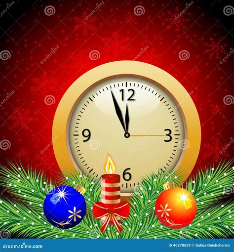 Festive Postal With A Clock Candle And Green Branches With Toys Stock
