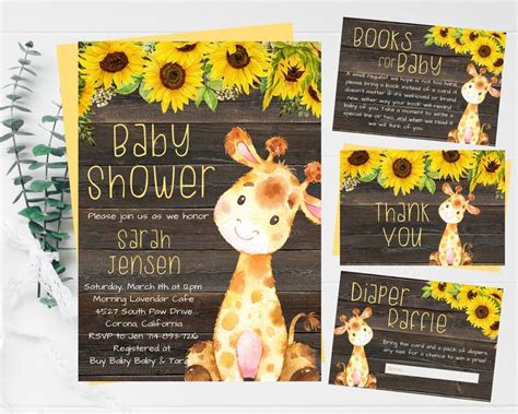 Giraffe Sunflowers Baby Shower Invite Rustic Gender