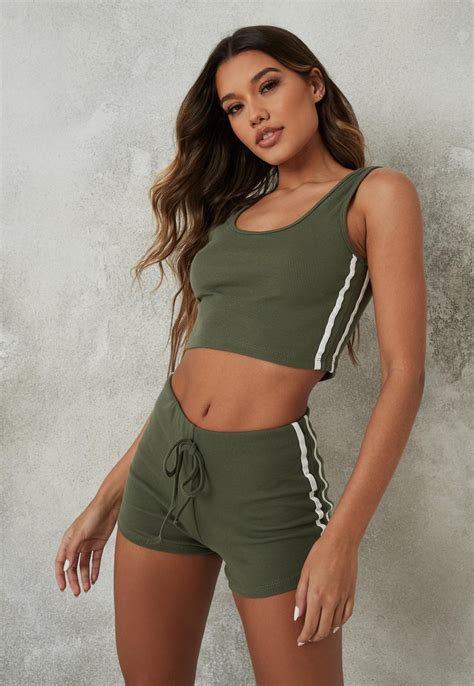 Khaki Stripe Crop Top And Runner Shorts Co Ord Set Missguided