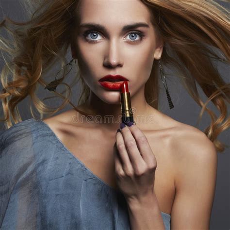 Beautiful Girl With Lipstick Young Woman Putting Red Lipstick Stock
