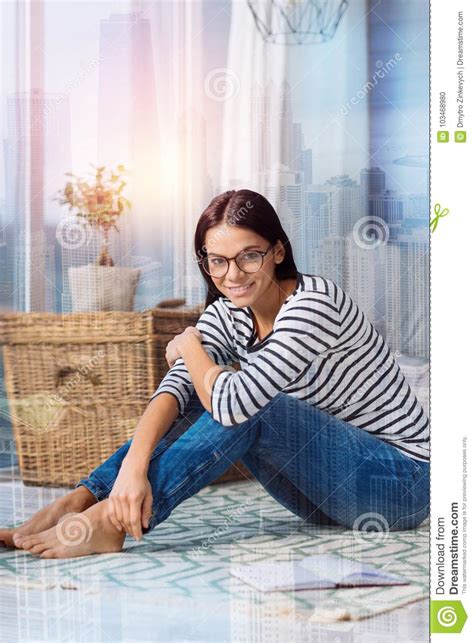 Smiling Cheerful Woman Looking Happy While Being At Home Stock Photo