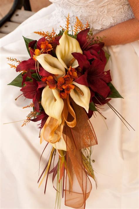 Bride Fall Wedding Bouquet Ivory Orange Red Rose And Calla Lily 20