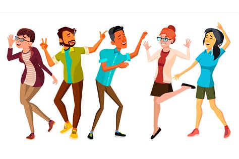 Dancing People Set Vector Smiling And Have Fun Free Movement Poses Isolated Flat Cartoon