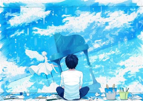 Wallpaper Anime Boy Girl Angel Piano Instrument