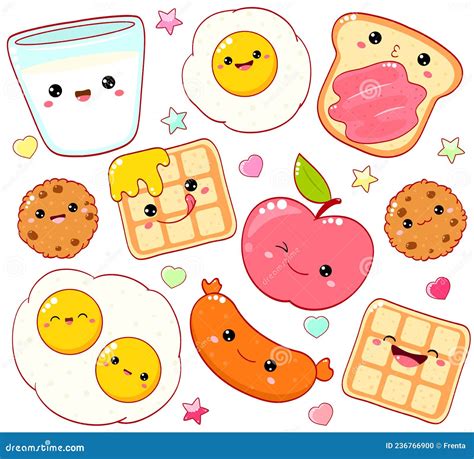 Breakfast Time Set Of Cute Food Icons In Kawaii Style For Sweet Design