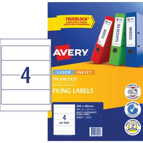 Avery 4up Laser Lever Arch Labels White 25 Sheets Inside Free Lever