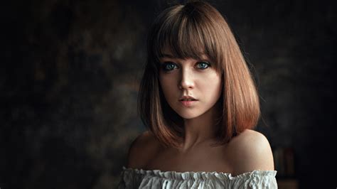 Georgy Chernyadyev Women Olya Pushkina Brunette Shoulder Length Hair Bangs Blue Eyes Bare