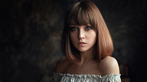 georgy chernyadyev women olya pushkina brunette shoulder length hair bangs blue eyes bare