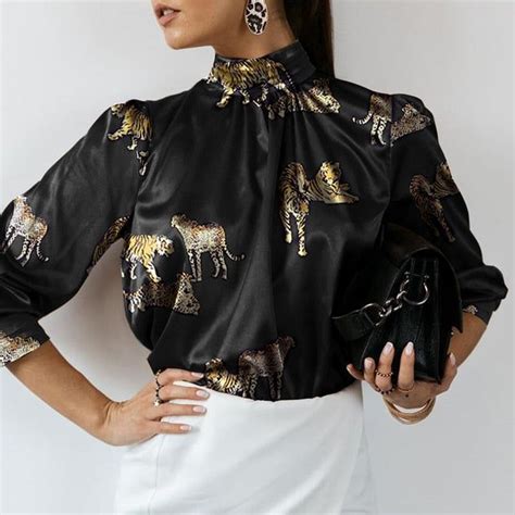 Women S Khaki Satin Tiger Print Patterned Blouse Stylish Tunic Tops