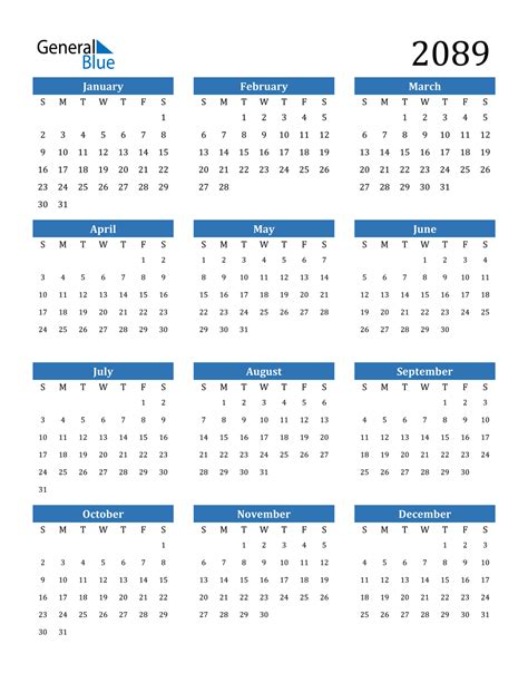 2089 Calendar Pdf Word Excel