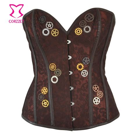 Brown Brocade With Gear Steampunk Steel Boned Corset Overbust Vintage Gothic Clothing Korsett