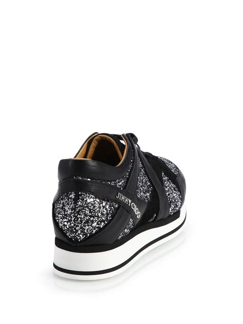 Jimmy Choo London Glitter And Leather Sneakers In Black Lyst